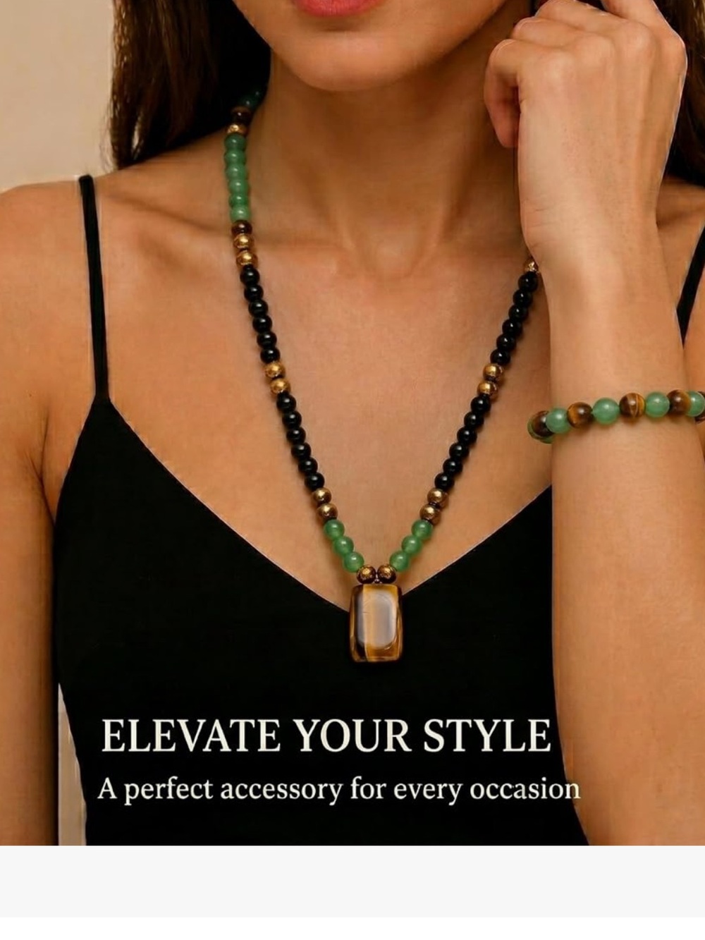#2574**Green and Black Beaded Necklace and Bracelet Set with Gold Accents - Picture 5 of 17
